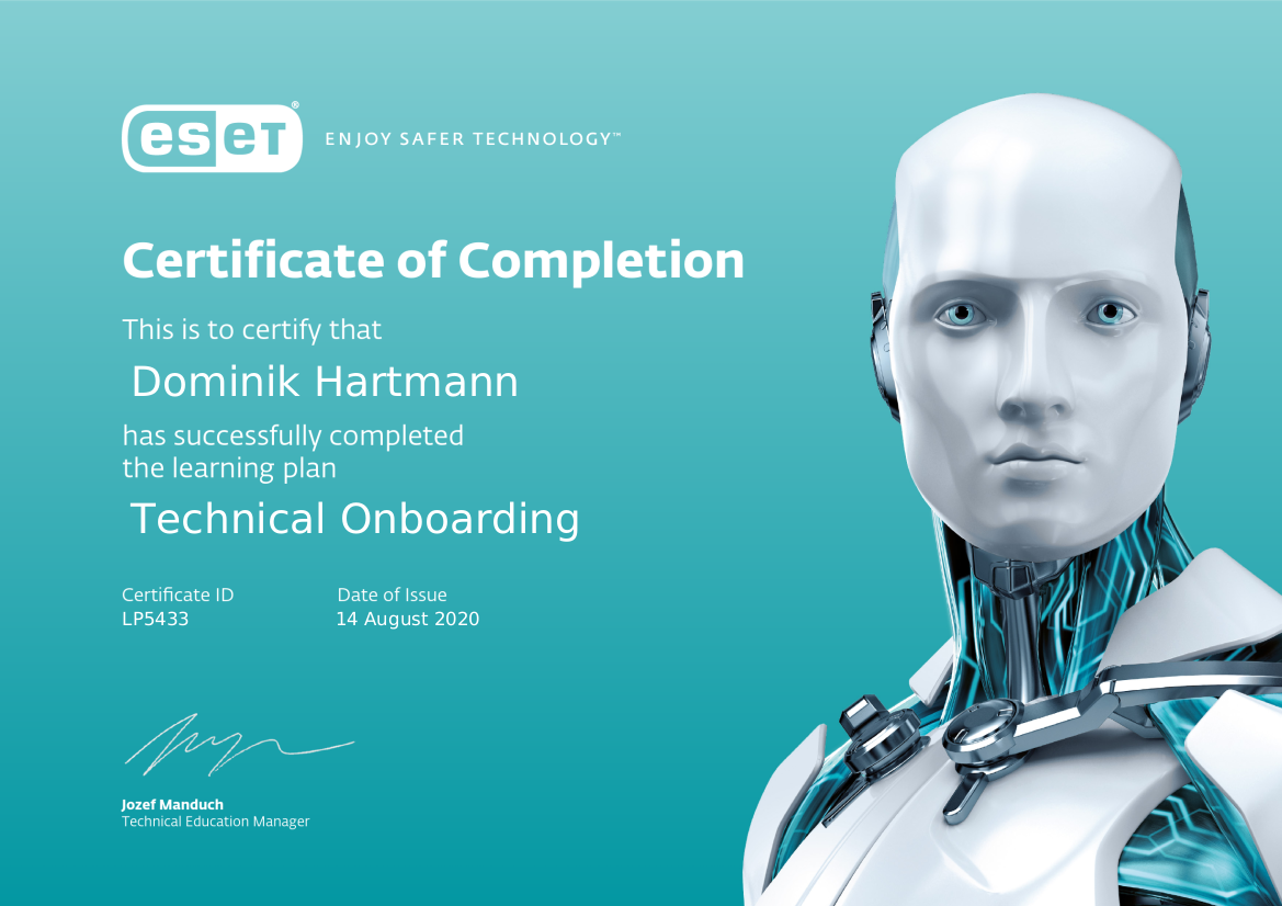 ESET Certificate of Completion - Technical Onboarding